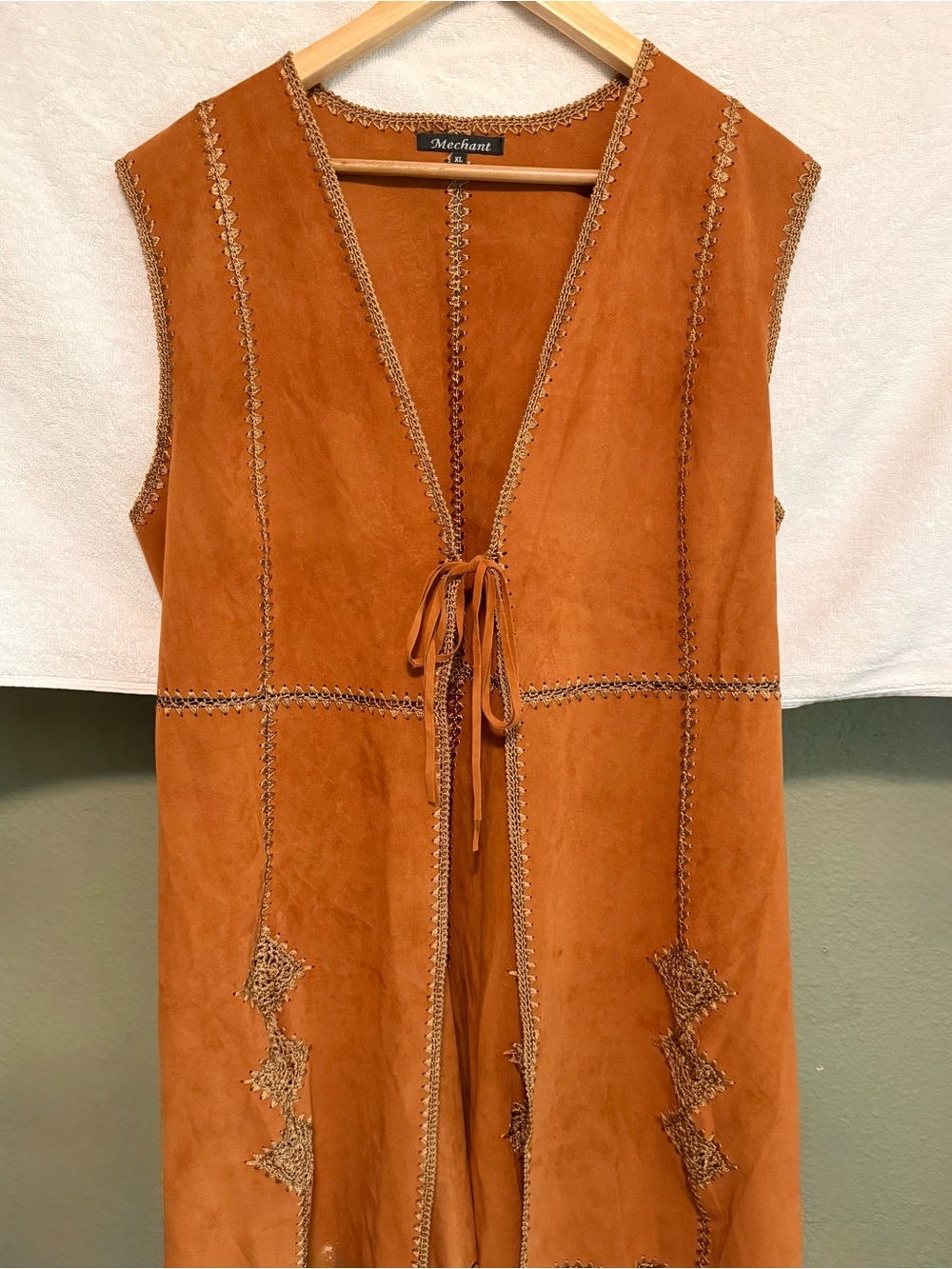 Brown Leather Suede Boho Duster Vest Crochet Accents ,XLarge